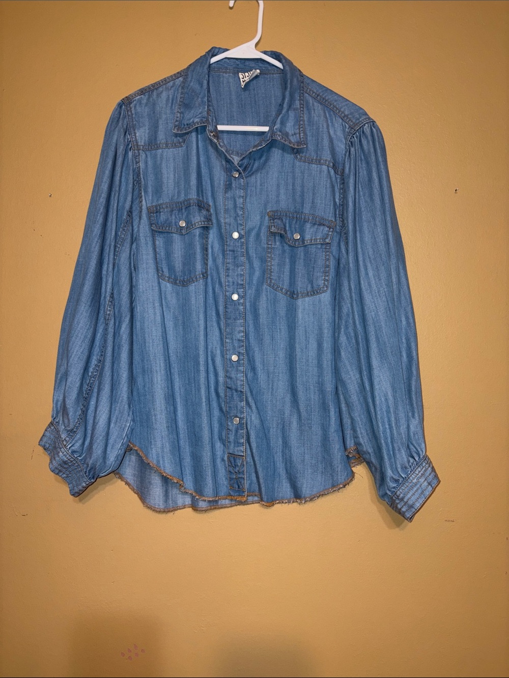 Sister Mary Women's Medium Chambray Tencel Pearl Snap Raw Hem Big Sleeves Shirt